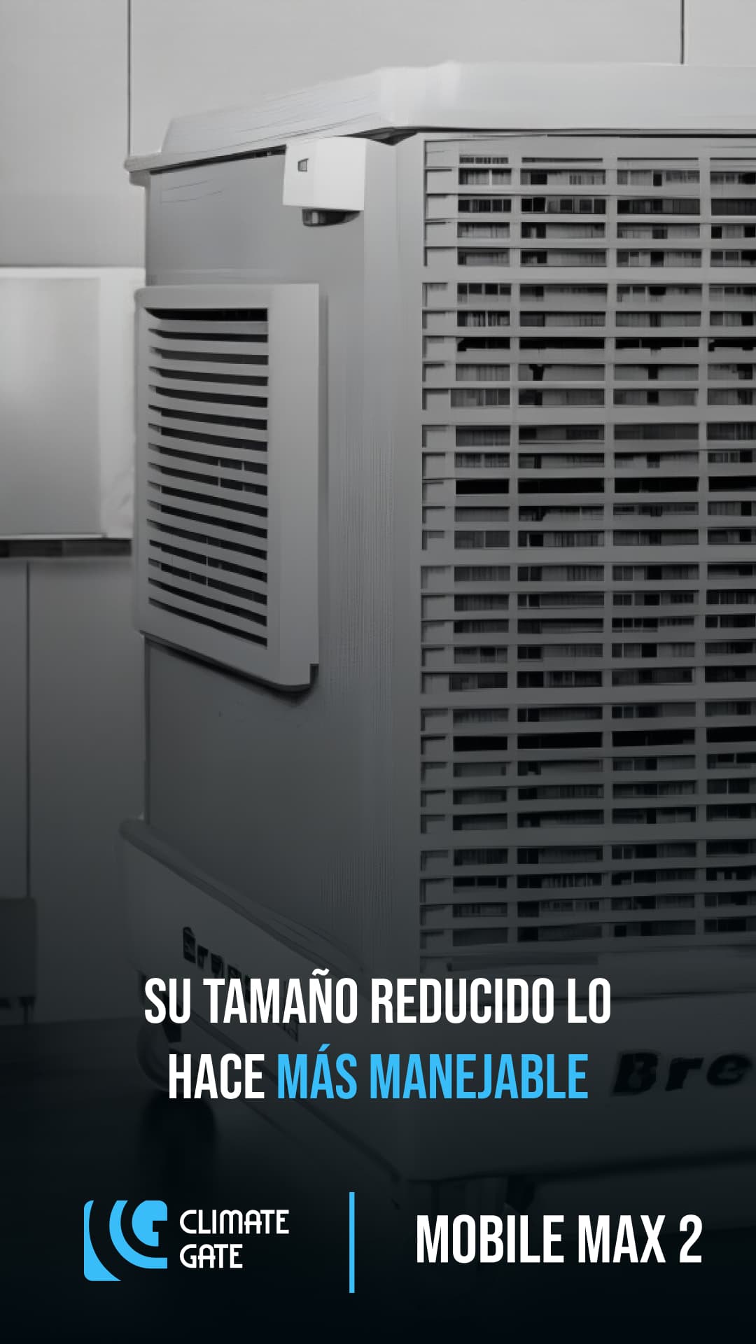Primer plano de la parte trasera del Mobile Max 2 con texto que destaca su tamaño reducido para mayor manejabilidad, perfecto para espacios industriales.