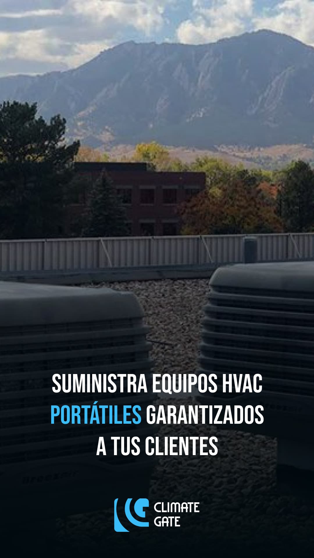 Cartel promocional destacando los servicios de Climate Gate en el suministro de Equipos de Aire Acondicionado Portátiles garantizados para clientes industriales.
