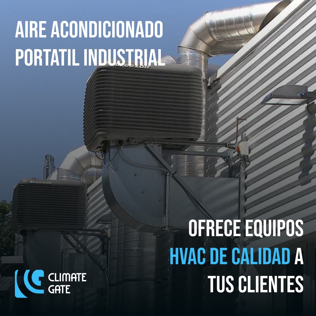 Publicidad de un aire acondicionado portátil industrial, destacando la oferta de Climate Gate en equipos de alta calidad para sus clientes.