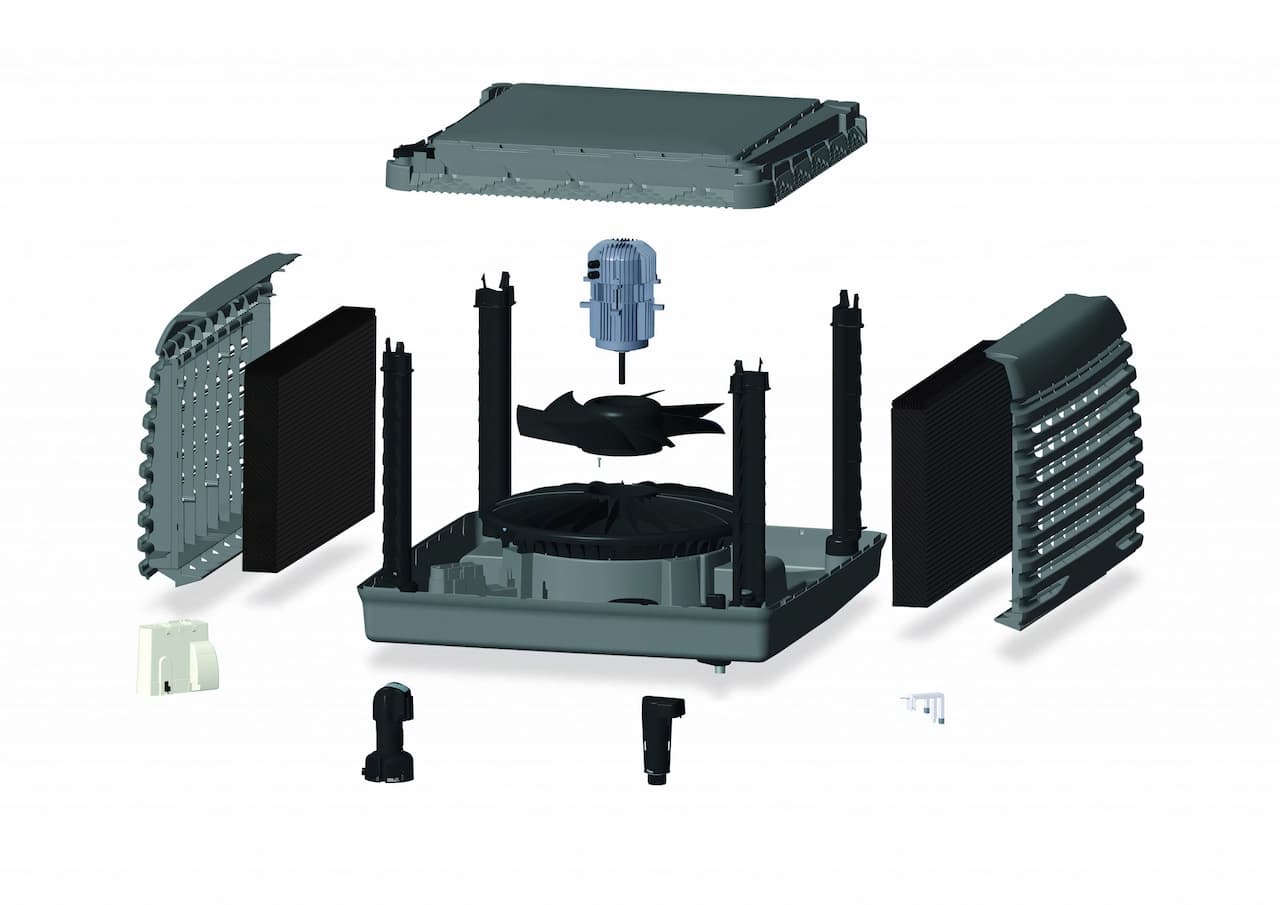 Despiece del ventilador TBS-580, mostrando sus componentes principales y la facilidad de mantenimiento ofrecida por Climate Gate.
