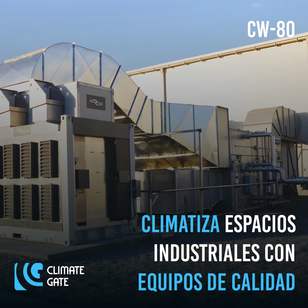 Cartel publicitario destacando la eficiencia de los sistemas CW80 IEC para climatizar espacios industriales con equipos de calidad.