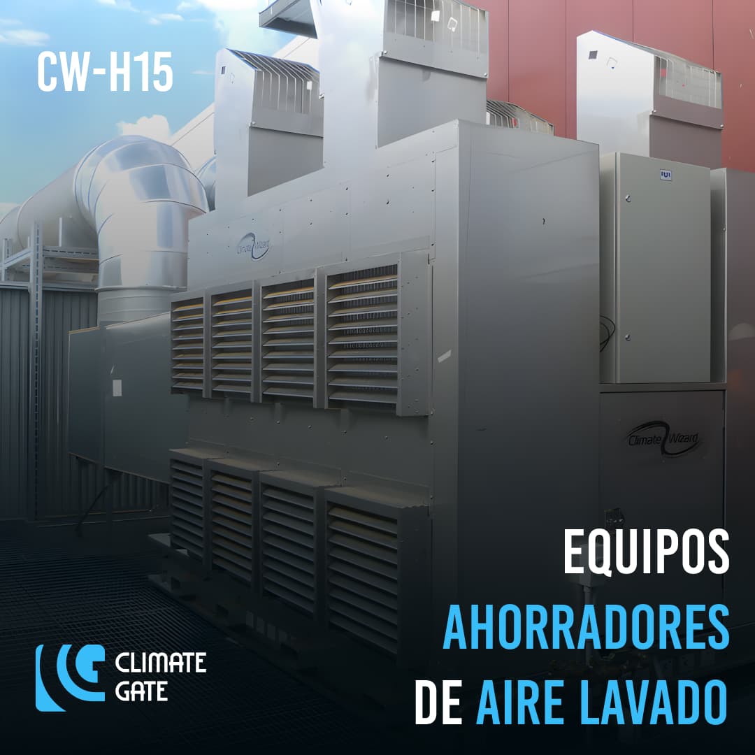 Cartel promocional de equipos CW-H15 para enfriamiento y ventilación de aire, con énfasis en su aplicación en ambientes industriales.