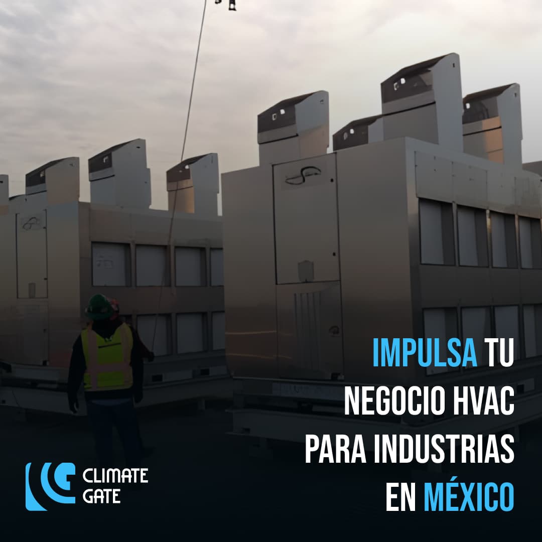 Imagen de unidades HVAC alineadas, resaltando la oferta de Climate Gate para mejorar la eficiencia en procesos industriales en México.