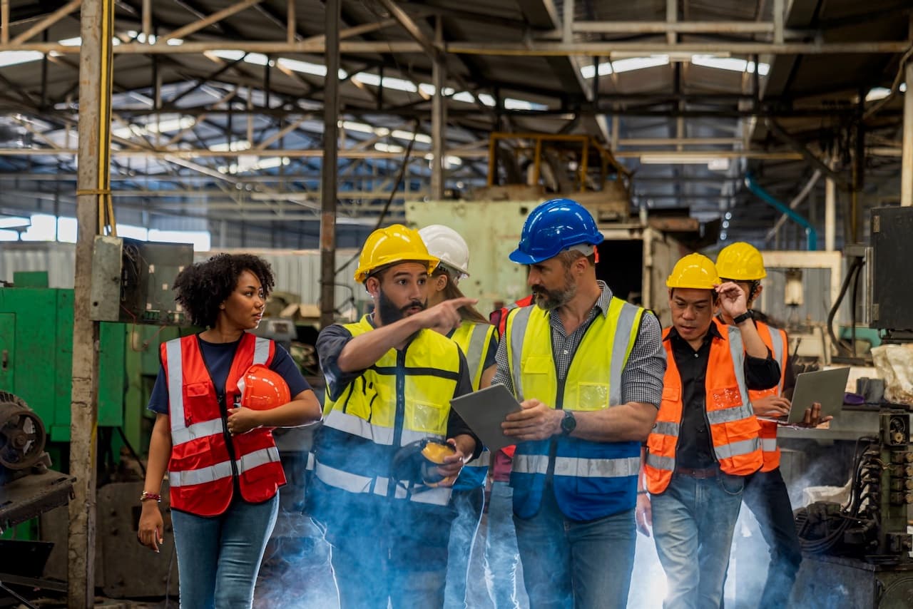 Dos ingenieros con cascos de seguridad discutiendo la instalación de Equipos de Aire Acondicionado Industriales en un ambiente de construcción.