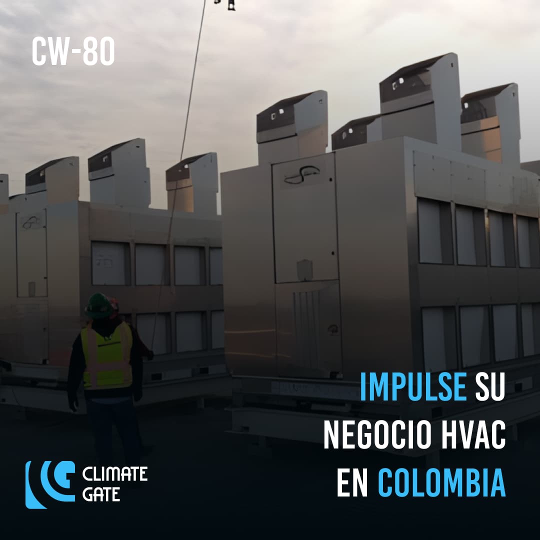 Publicidad de un aire acondicionado portátil industrial, destacando la oferta de Climate Gate en equipos de alta calidad para sus clientes.