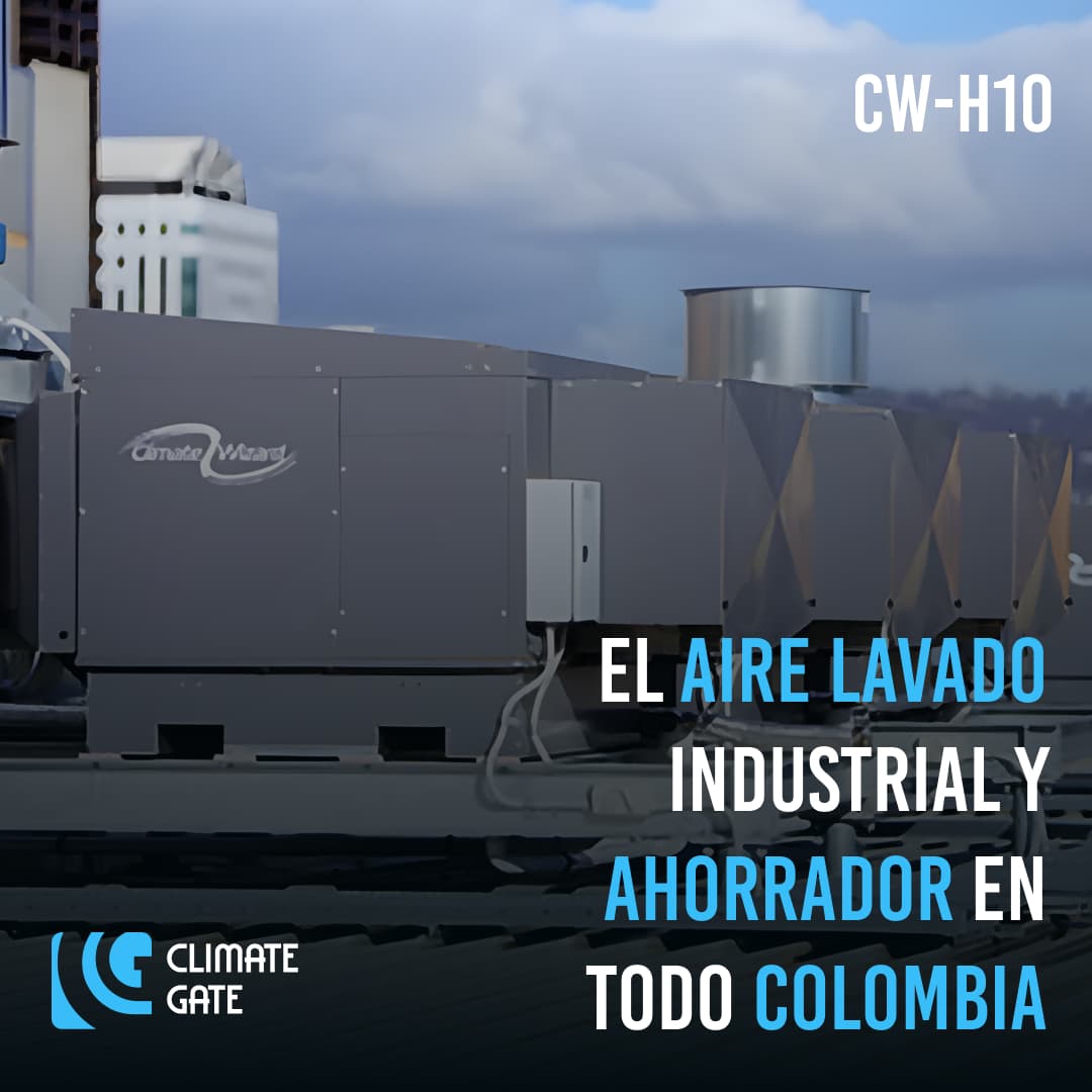 Vista lateral de la unidad CW-H10 instalada en una fábrica, con un cartel destacando su uso en Colombia para mejorar la calidad del aire.