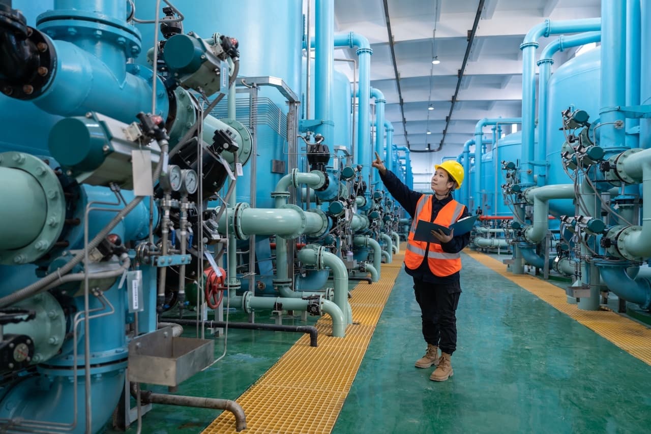 Trabajadores en una planta industrial supervisando sistemas de ventilación CW-H15, garantizando un entorno seguro y ventilado.