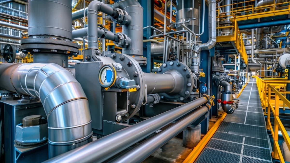 Detalle de tuberías y válvulas en una planta industrial, mostrando la integración de Equipos de Aire Acondicionado Industriales para optimizar procesos.