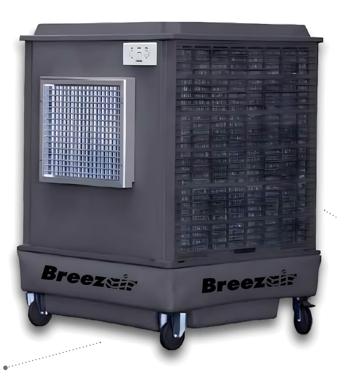 Unidad de Mobile Max 2 mostrando su robustez y diseño industrial, ideal para áreas grandes que requieren una ventilación eficiente.