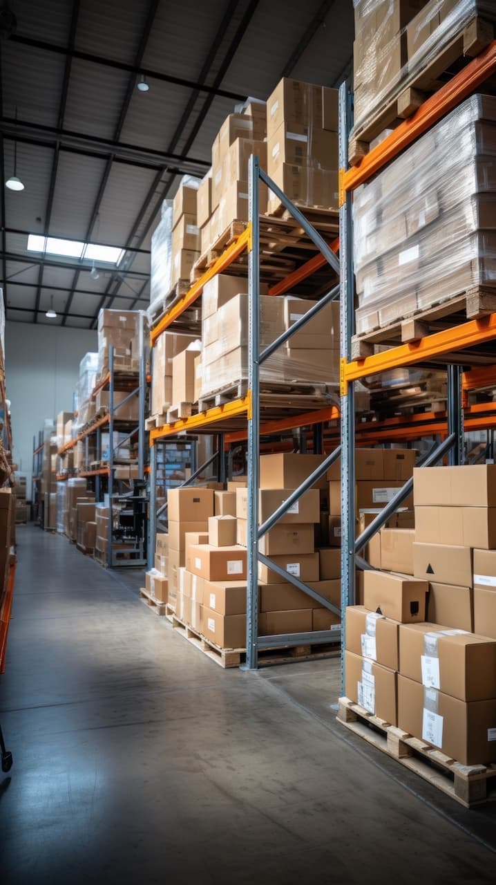 Almacén industrial con estanterías llenas de cajas y materiales, un espacio ventilado por el Mobile Max 2 de Climate Gate para mantener condiciones óptimas.