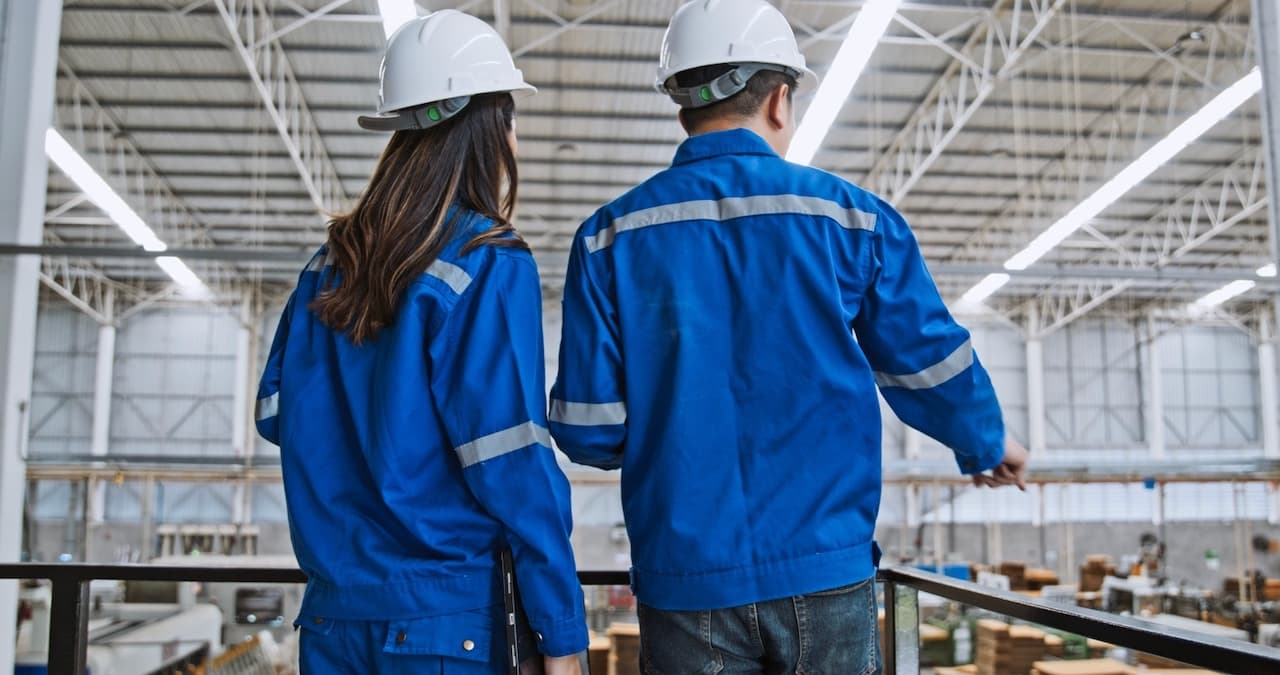 Dos ingenieros revisando un ventilador TBS-580 instalado, asegurando la eficiencia del sistema en una planta industrial.